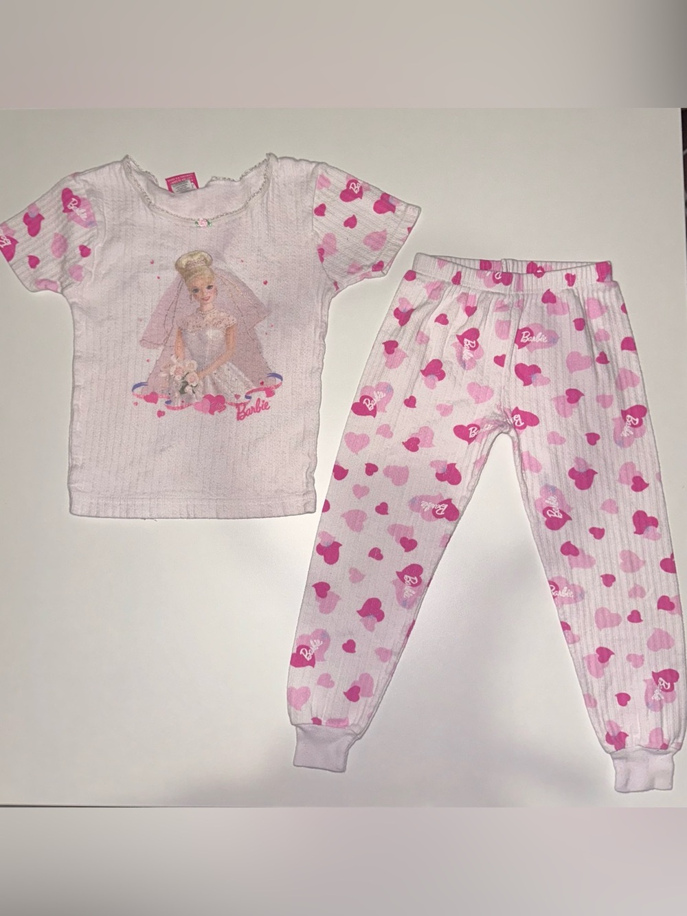 Vintage 1998 Bride Barbie Pink and White Heart Print Two-Piece Pajama Set Size 6